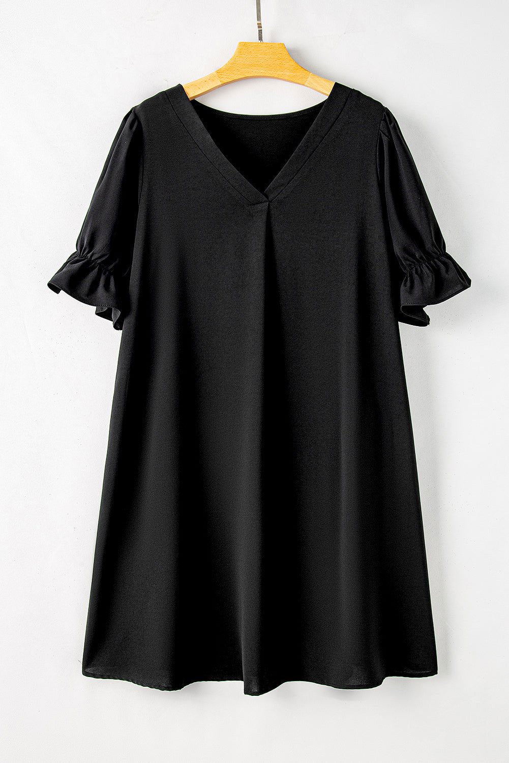 Black Ruffled Puff Sleeve V Neck Plus Size Mini Dress - Vesteeto