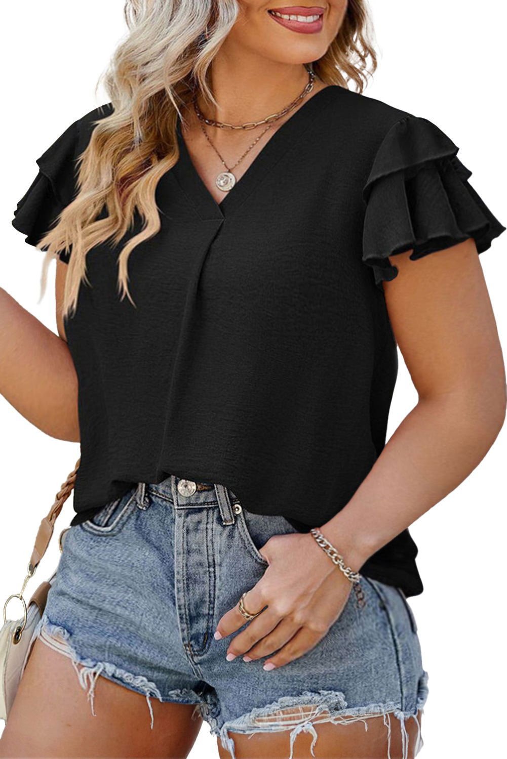 Black Ruffled Short Sleeve V Neck Plus Size Blouse - Vesteeto