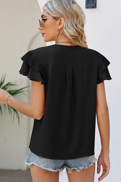 Black Ruffled Short Sleeve V Neck Plus Size Blouse - Vesteeto