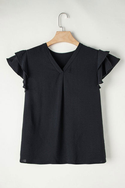 Black Ruffled Short Sleeve V Neck Plus Size Blouse - Vesteeto