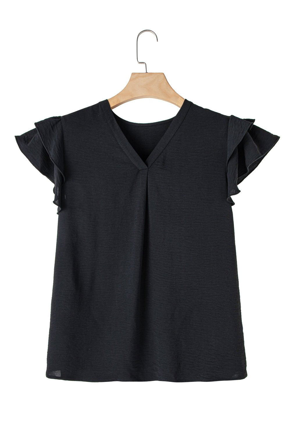 Black Ruffled Short Sleeve V Neck Plus Size Blouse - Vesteeto