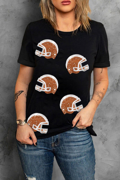 Black Sequin Baseball Helmet Graphic Crewneck T Shirt - Vesteeto