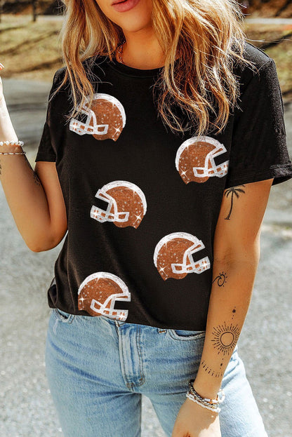 Black Sequin Baseball Helmet Graphic Crewneck T Shirt - Vesteeto