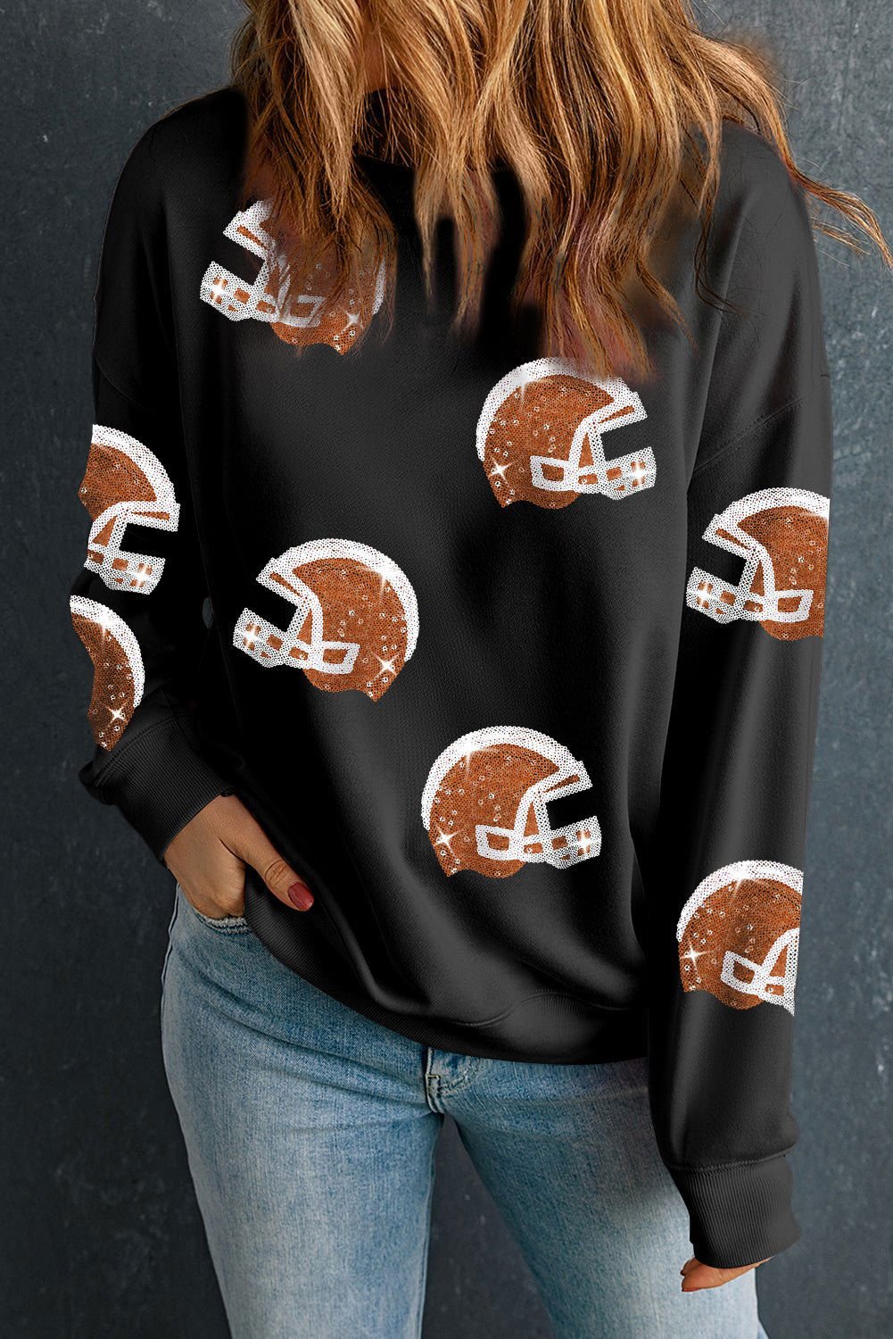 Black Sequin Baseball Helmet Graphic Round Neck Sweatshirt - Vesteeto