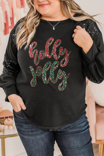 Black Sequin Holly Jolly Graphic Crewneck Plus Size T Shirt - Vesteeto