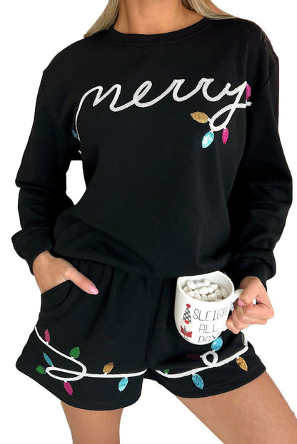 Black Sequin Merry Graphic Pullover and Shorts Set - Vesteeto