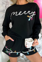 Black Sequin Merry Graphic Pullover and Shorts Set - Vesteeto