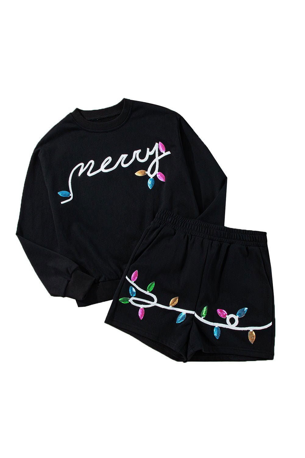 Black Sequin Merry Graphic Pullover and Shorts Set - Vesteeto