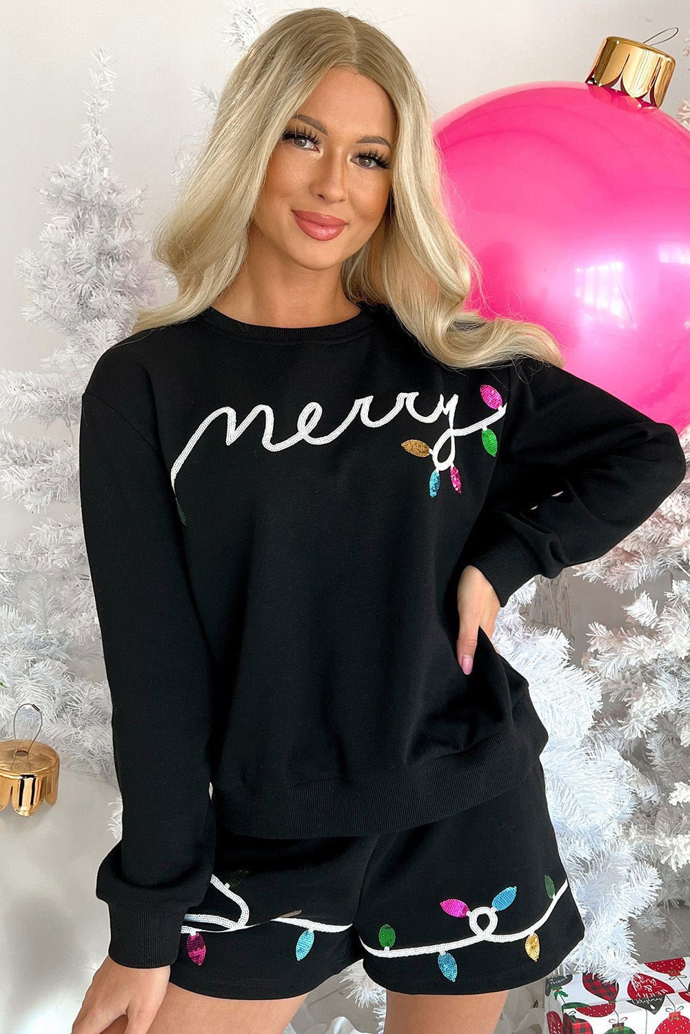 Black Sequin Merry Graphic Pullover and Shorts Set - Vesteeto