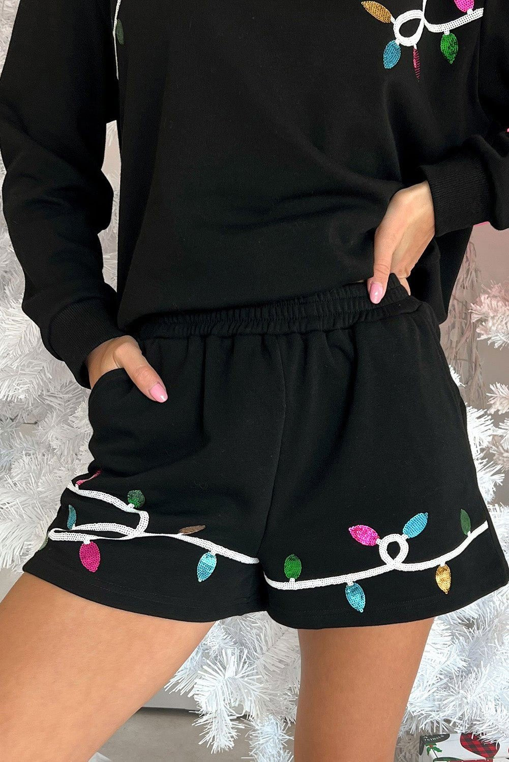 Black Sequin Merry Graphic Pullover and Shorts Set - Vesteeto