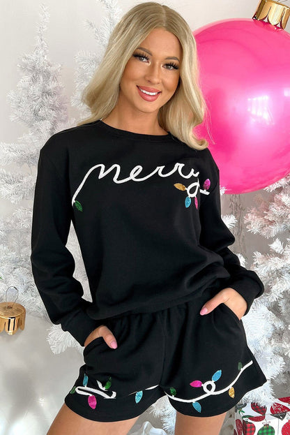 Black Sequin Merry Graphic Pullover and Shorts Set - Vesteeto