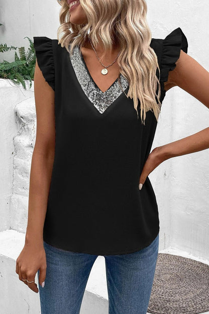 Black Sequin Splicing V Neck Flutter Sleeve Blouse - Chic Style - Vesteeto