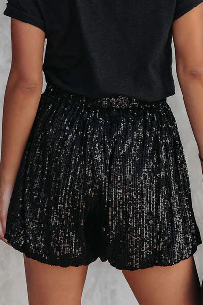 Black Sequin Straight Leg High Waist Casual Shorts - Vesteeto