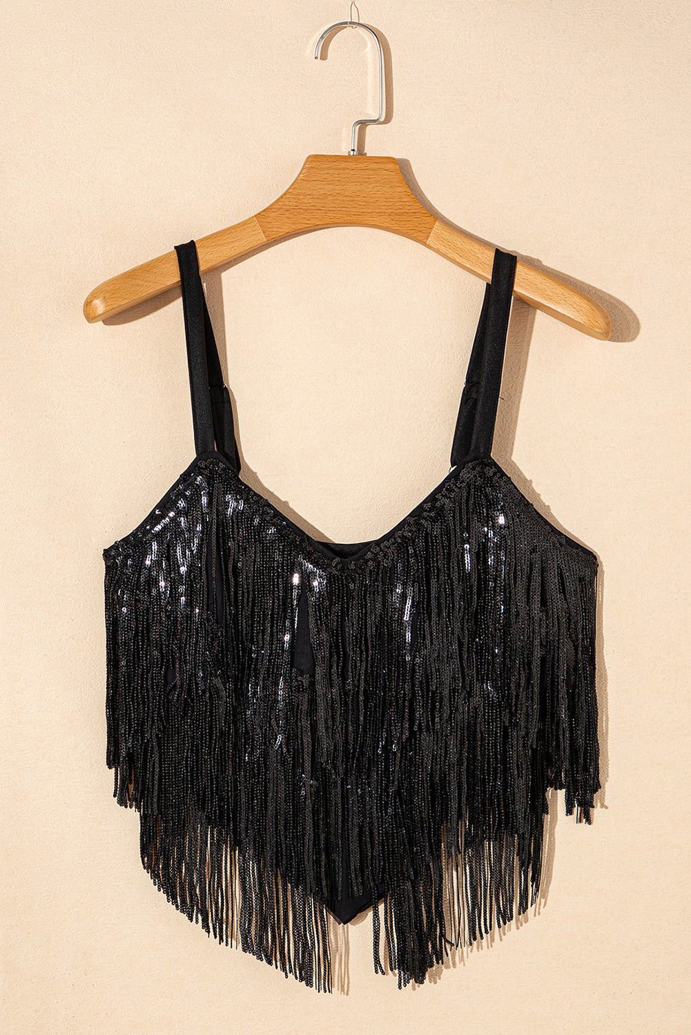 Black Sequin Tassel Adjustable Straps Crop Cami Top - Vesteeto