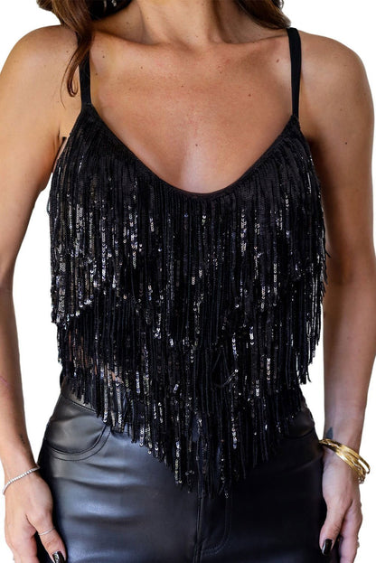 Black Sequin Tassel Adjustable Straps Crop Cami Top - Vesteeto