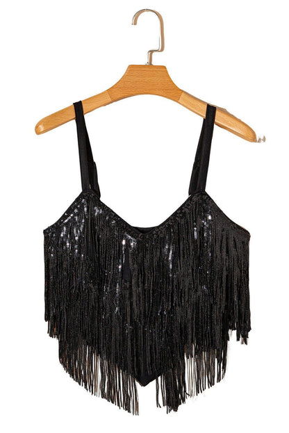 Black Sequin Tassel Adjustable Straps Crop Cami Top - Vesteeto