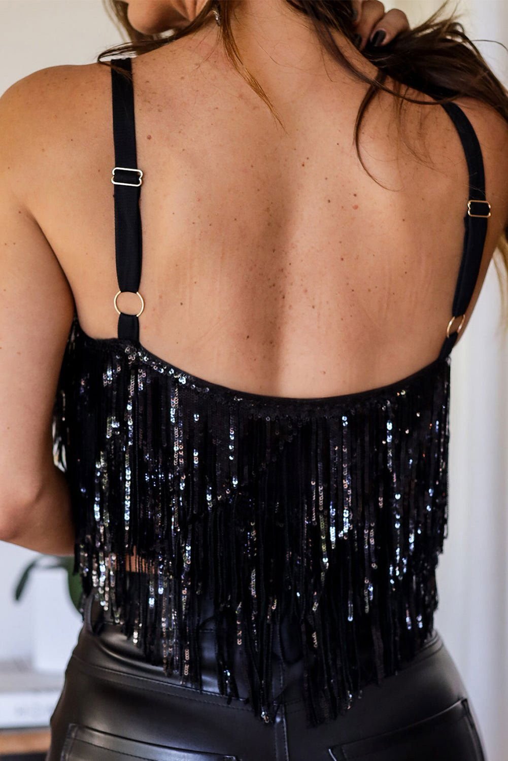 Black Sequin Tassel Adjustable Straps Crop Cami Top - Vesteeto