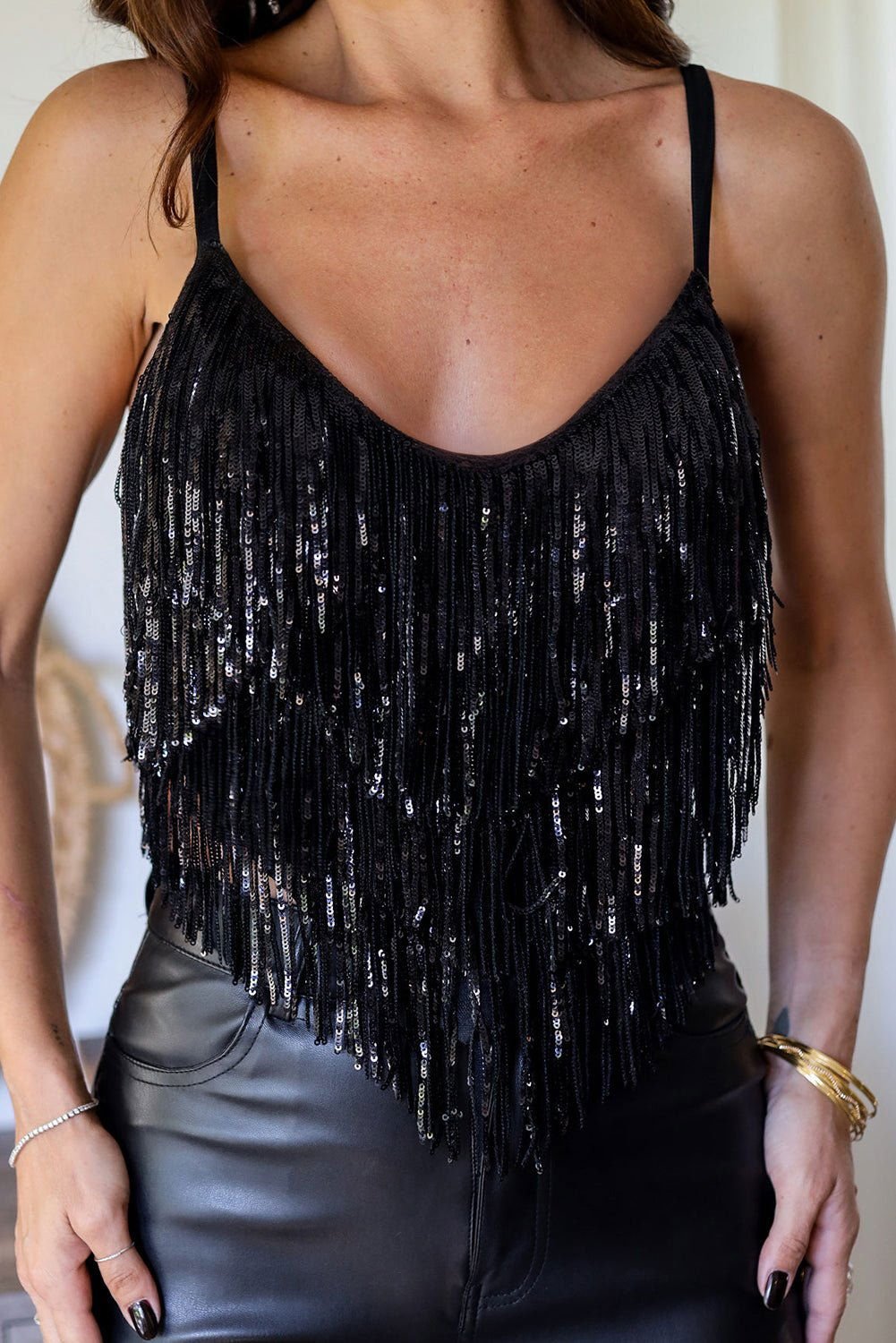 Black Sequin Tassel Adjustable Straps Crop Cami Top - Vesteeto