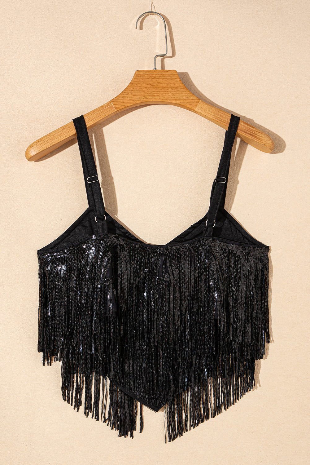 Black Sequin Tassel Adjustable Straps Crop Cami Top - Vesteeto