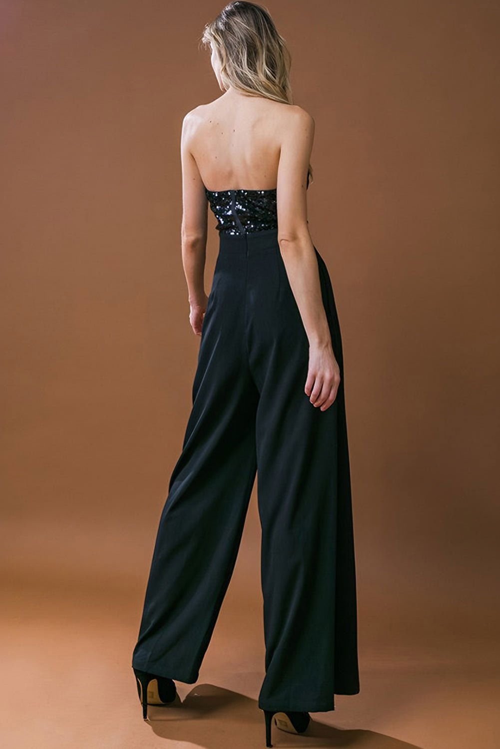 Black Sequin Tube Top Floor Length Wide Leg Jumpsuit - Vesteeto