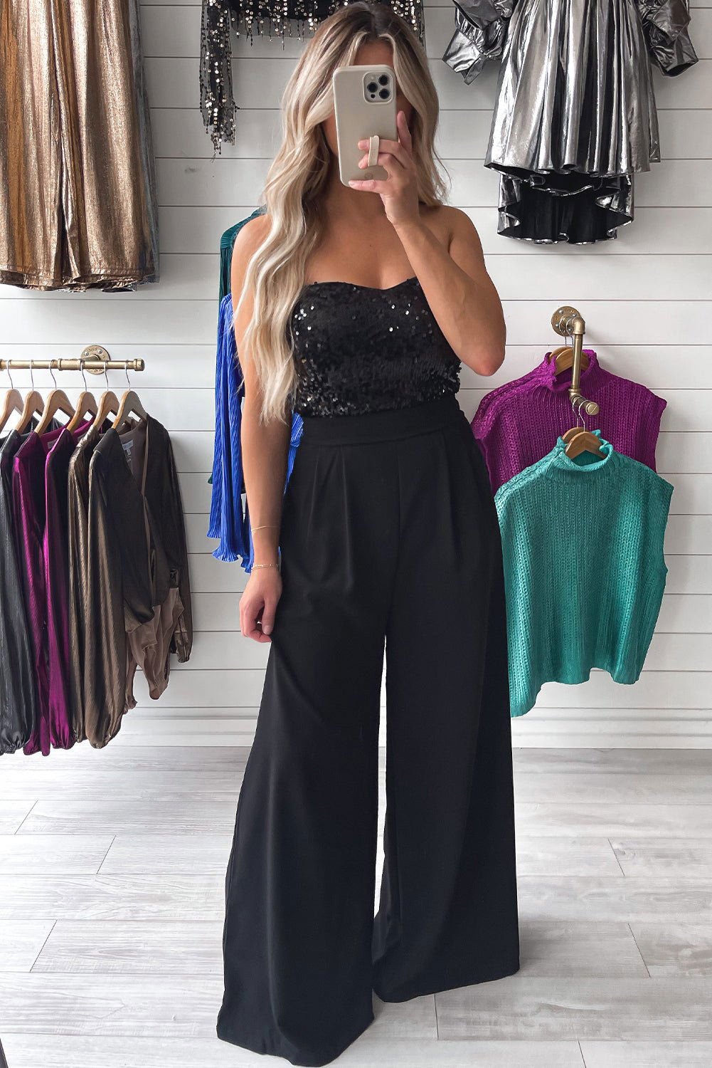 Black Sequin Tube Top Floor Length Wide Leg Jumpsuit - Vesteeto