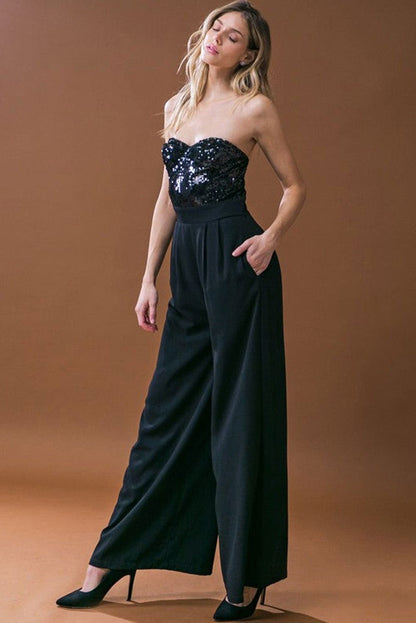 Black Sequin Tube Top Floor Length Wide Leg Jumpsuit - Vesteeto