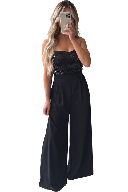 Black Sequin Tube Top Floor Length Wide Leg Jumpsuit - Vesteeto