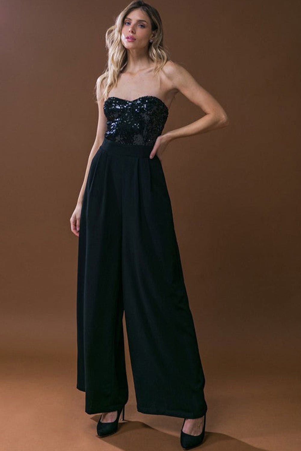 Black Sequin Tube Top Floor Length Wide Leg Jumpsuit - Vesteeto