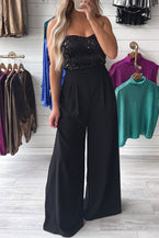 Black Sequin Tube Top Floor Length Wide Leg Jumpsuit - Vesteeto