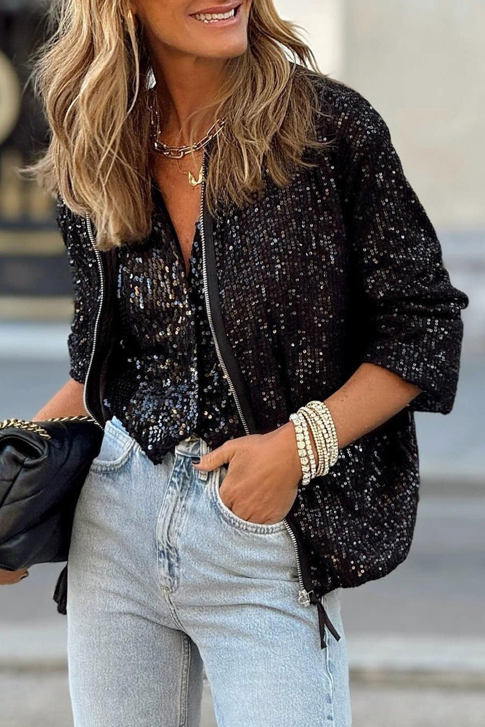 Black Sequin Zipper - up Jacket - Vesteeto