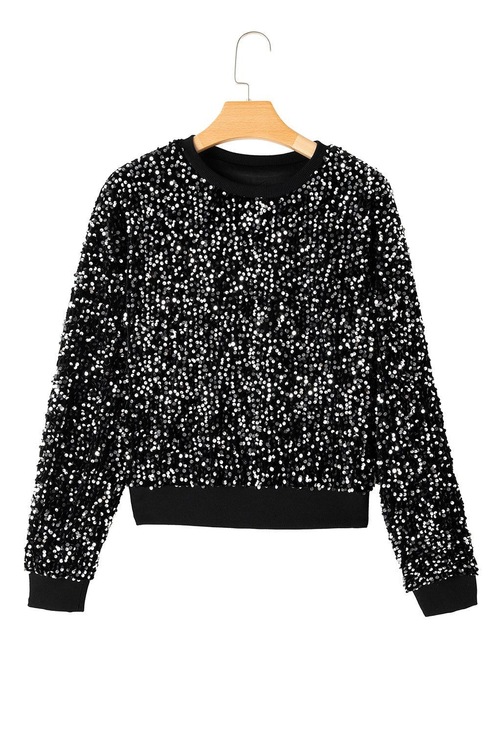 Black Sequined Crew Neck Cropped Sweatshirt - Vesteeto