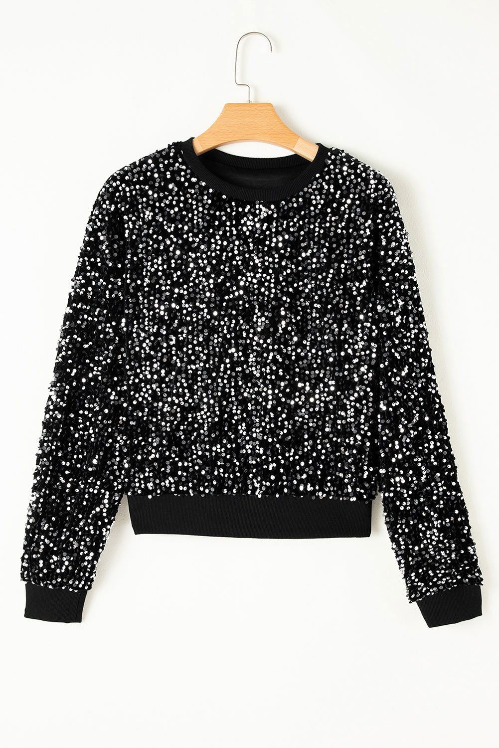 Black Sequined Crew Neck Cropped Sweatshirt - Vesteeto