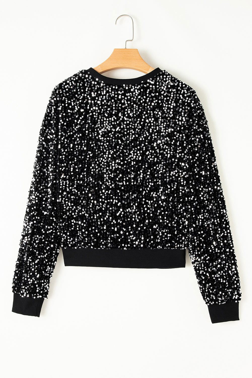 Black Sequined Crew Neck Cropped Sweatshirt - Vesteeto