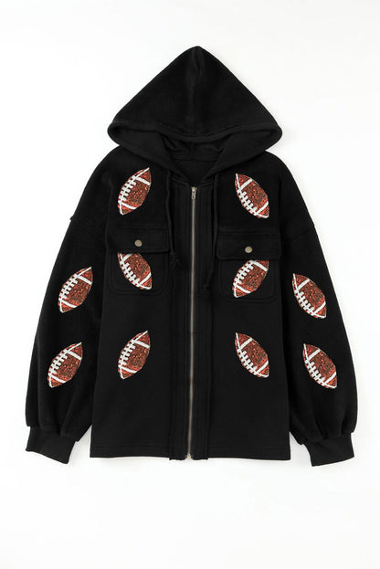 Black Sequined Rugby Graphic Pocketed Zipper Hooded Jacket - Vesteeto