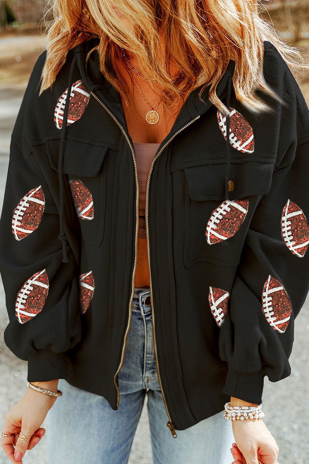 Black Sequined Rugby Graphic Pocketed Zipper Hooded Jacket - Vesteeto