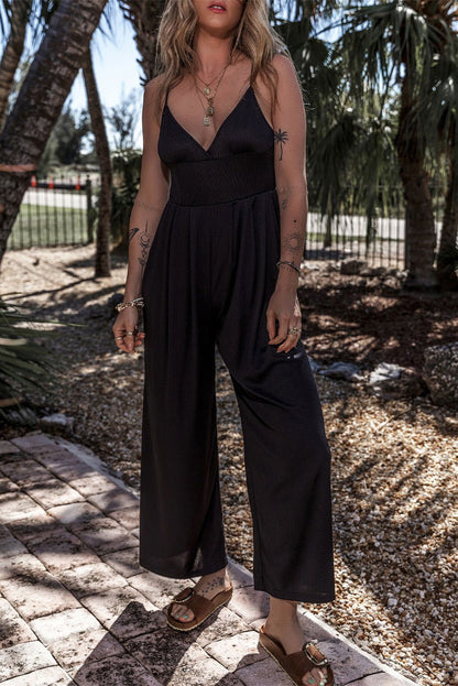 Black Sexy Cami V Neck High Waist Wide Leg Jumpsuit - Vesteeto