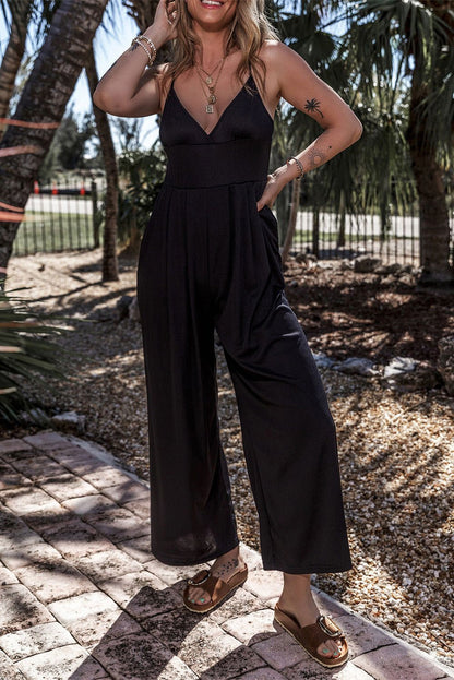 Black Sexy Cami V Neck High Waist Wide Leg Jumpsuit - Vesteeto