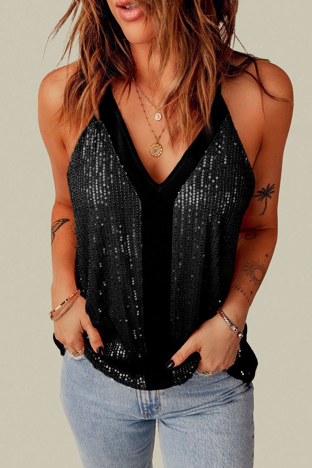 Black Sexy Contrast Spaghetti Strap Sequin Camisole - Vesteeto