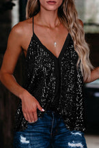 Black Sexy Contrast Spaghetti Strap Sequin Camisole - Vesteeto