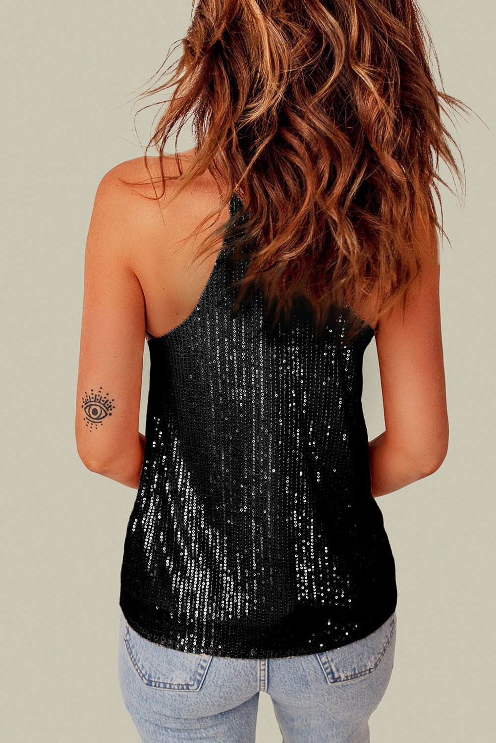 Black Sexy Contrast Spaghetti Strap Sequin Camisole - Vesteeto