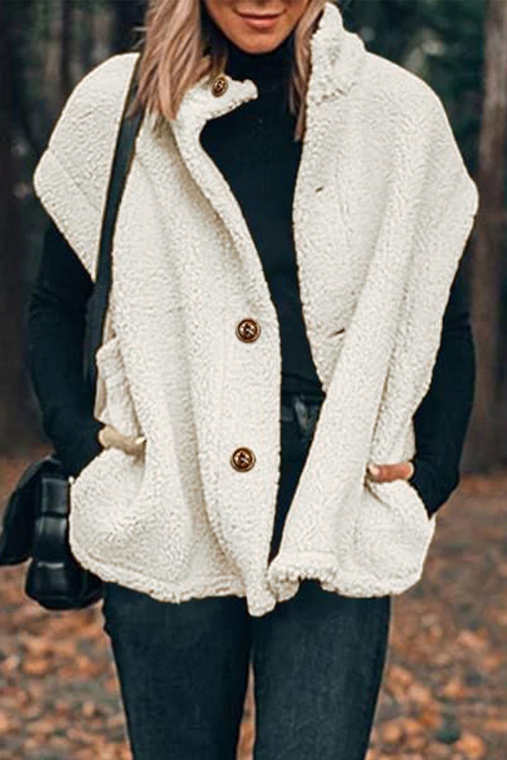 Black Sherpa Cap Sleeve Stand Collar Vest Coat - Vesteeto