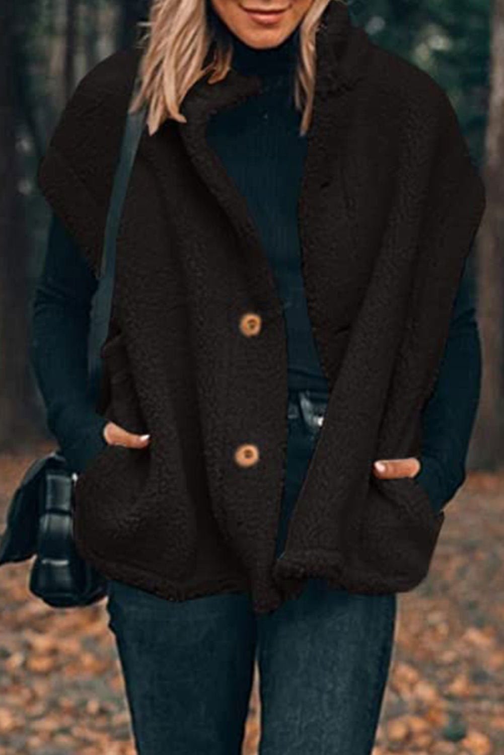 Black Sherpa Cap Sleeve Stand Collar Vest Coat - Vesteeto