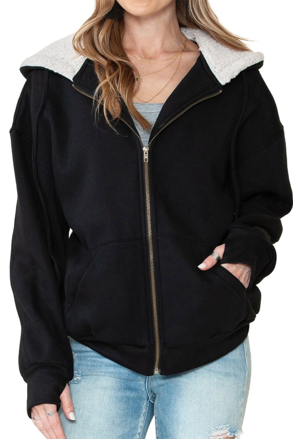 Black Sherpa Hooded Athleisure Zip Up Sweatshirt - Vesteeto