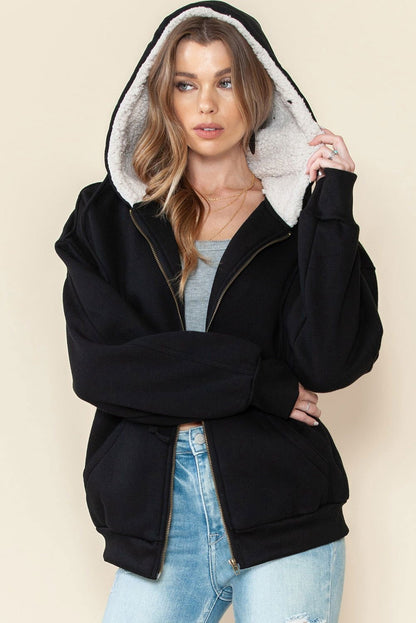 Black Sherpa Hooded Athleisure Zip Up Sweatshirt - Vesteeto