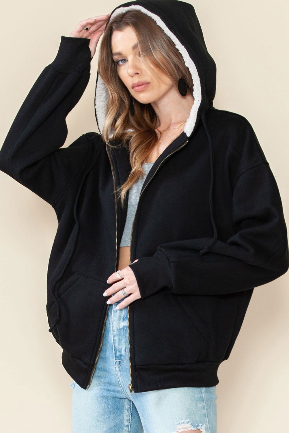 Black Sherpa Hooded Athleisure Zip Up Sweatshirt - Vesteeto