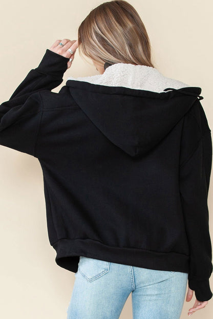 Black Sherpa Hooded Athleisure Zip Up Sweatshirt - Vesteeto