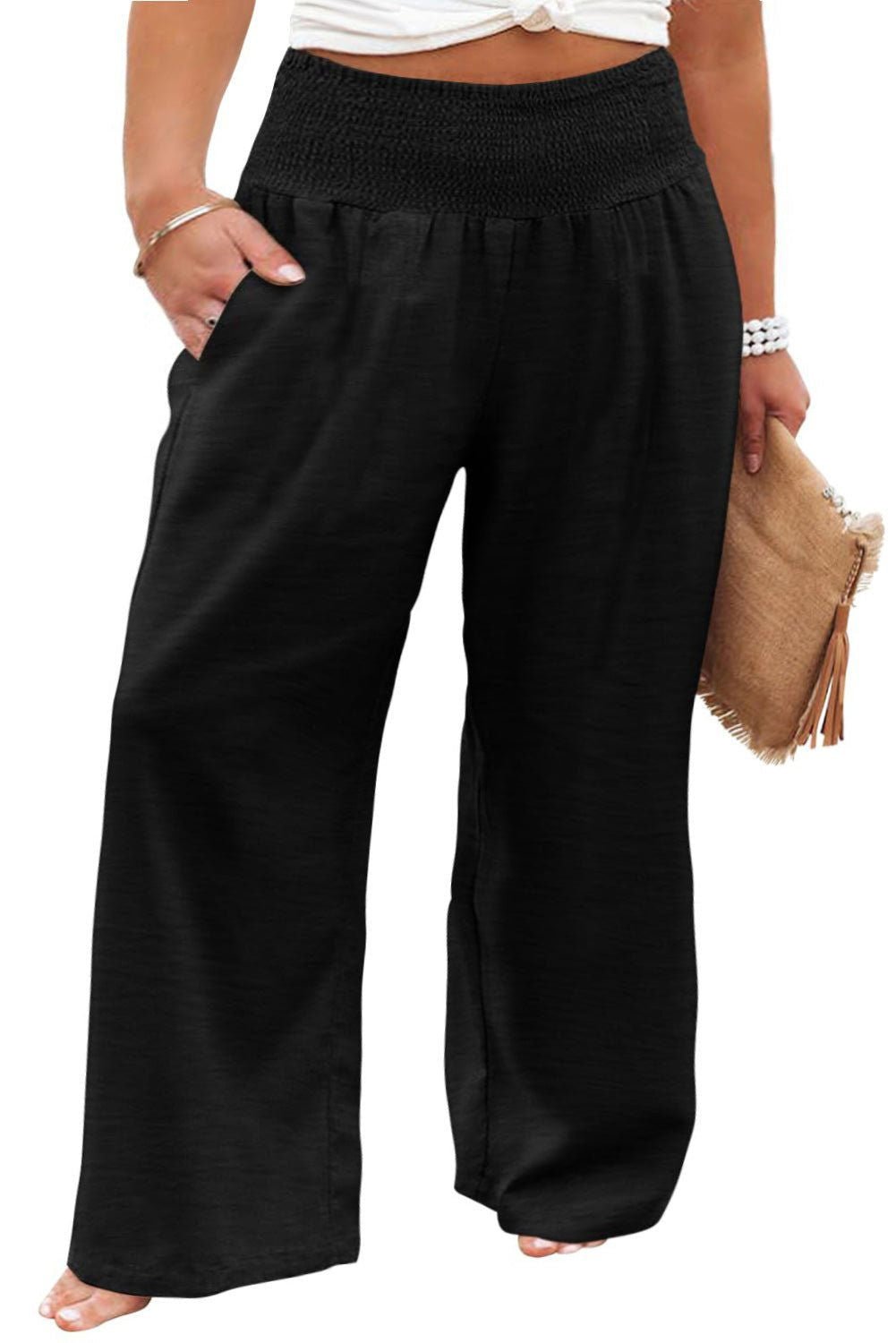 Black Shirred High Waist Plus Size Wide Leg Pants - Vesteeto