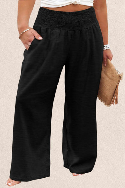 Black Shirred High Waist Plus Size Wide Leg Pants - Vesteeto