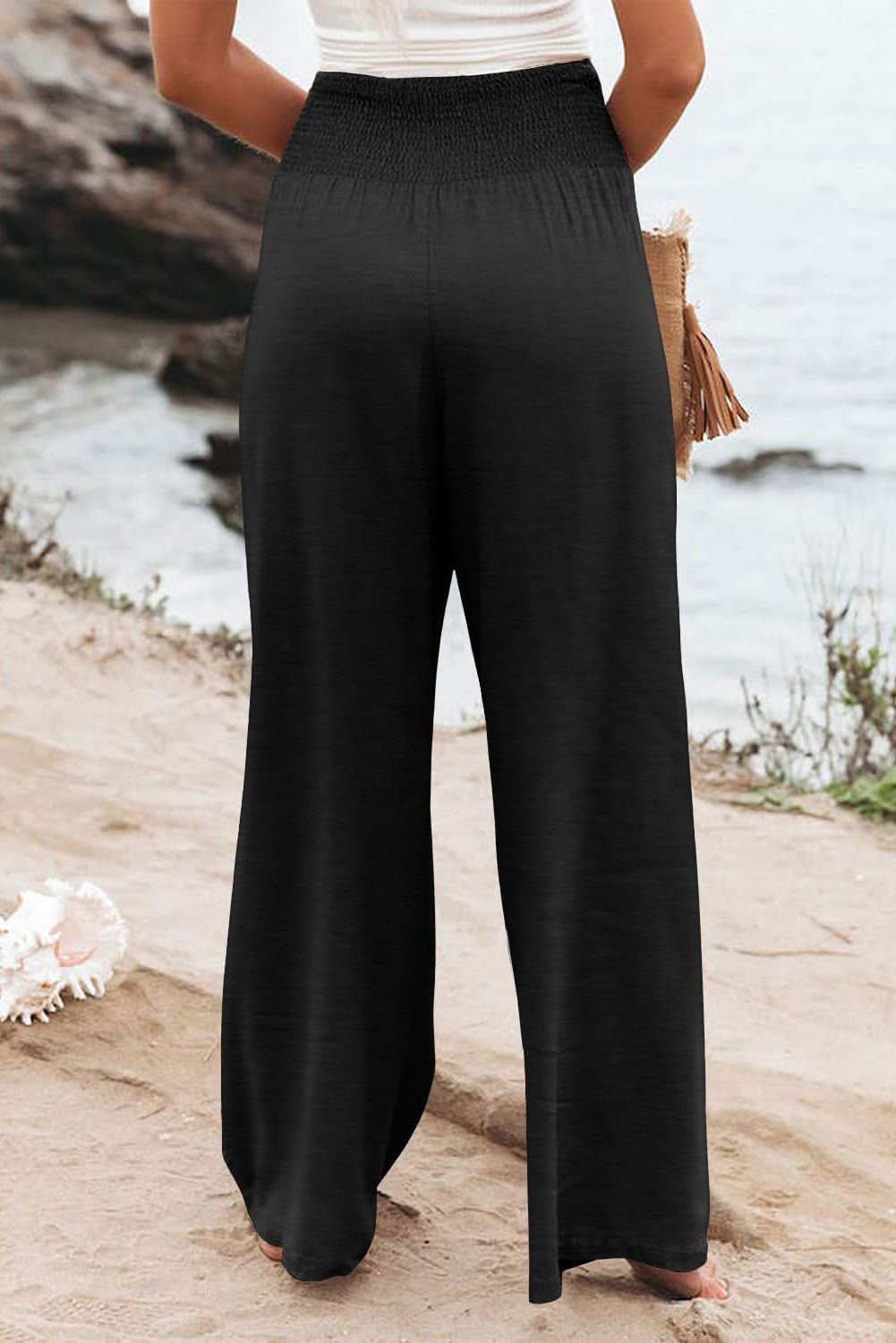 Black Shirred High Waist Plus Size Wide Leg Pants - Vesteeto