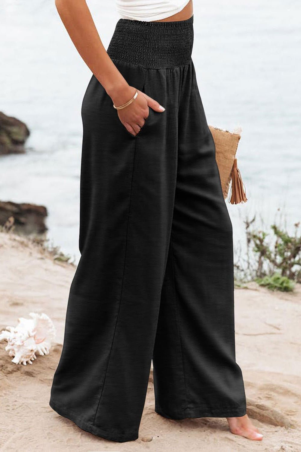 Black Shirred High Waist Plus Size Wide Leg Pants - Vesteeto